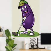 Funny Golf Eggplant Character: Cartoon Golfer Vege Poster (Thuiskantoor)