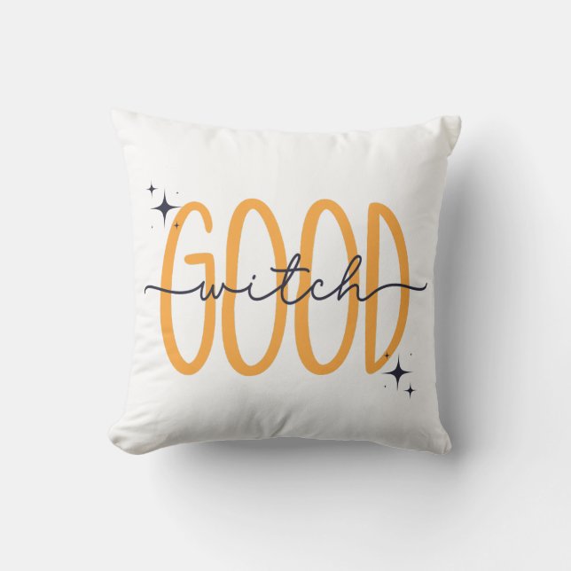 Funny Good Witch Modern Halloween Sinaasappel Zwar Kussen (Voorkant)