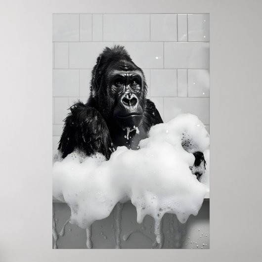 Funny Gorilla Bubble Bath Print, Bathroom Animal Poster (Voorkant)