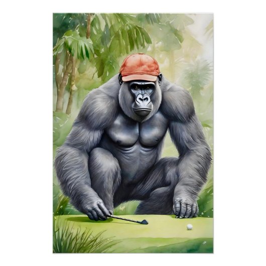 Funny Gorilla in Rode Honkbal Pet Spelen Golf Perfect Poster (Voorkant)