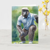 Funny Gorilla in Tan Pet Blauw Shirt Spelen Golf Kaart (Gele Bloem)