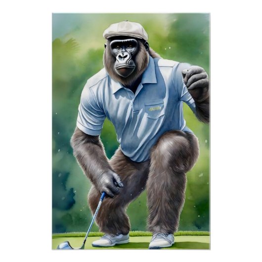 Funny Gorilla in Tan Pet Blauw Shirt Spelen Golf Perfect Poster (Voorkant)