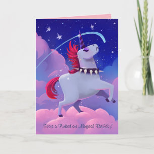 Funny Gothic Punk Cartoon Unicorn op wolken Kaart