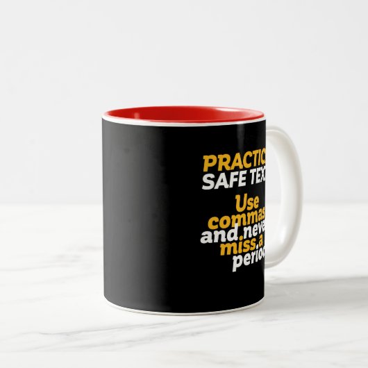 Funny Grammar Humor Practice Safe Text Use Comma Tweekleurige Koffiemok (Voorkant rechts)