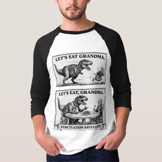 Funny Grammatica T-Shirt – “Laat ons eten, oma” (Voorkant)