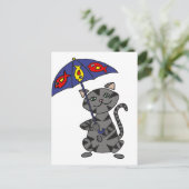 Funny Gray Tabby Cat Holding Umbrella Briefkaart (Staand voorkant)