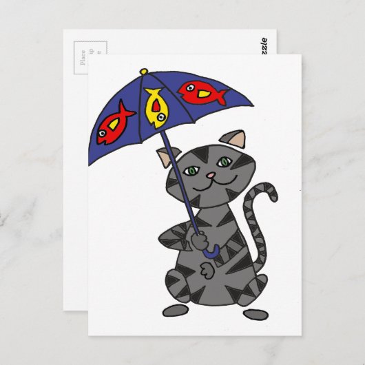 Funny Gray Tabby Cat Holding Umbrella Briefkaart (Voorkant / Achterkant)