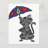 Funny Gray Tabby Cat Holding Umbrella Briefkaart (Voorkant)