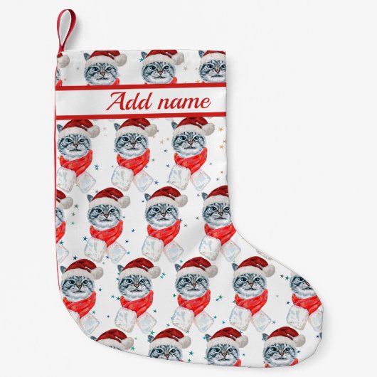 Funny Gray Tabby Cat With Santa Hat Christmas Kleine Kerstsok (Voorkant)