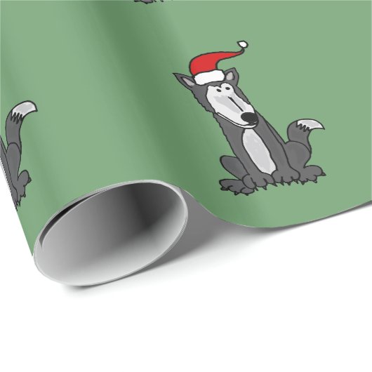 Funny Gray Wolf in Santa Hat Cadeaupapier (Rol Hoek)