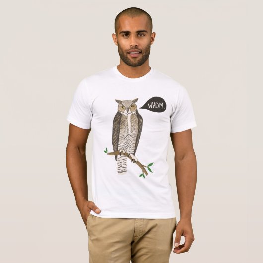 Funny Great Horned Owl WHOM Grammar T-shirt (Voorkant volledig)