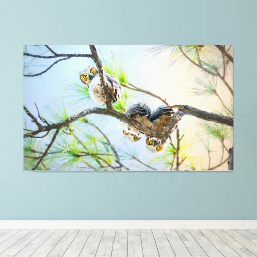 Funny Great Horned Owlets Fine Art Wildlife Canvas (Insitu (Houten vloer))