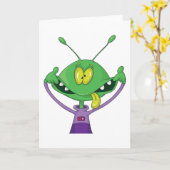 Funny Green Alien Making Silly Face Kaart (Gele Bloem)
