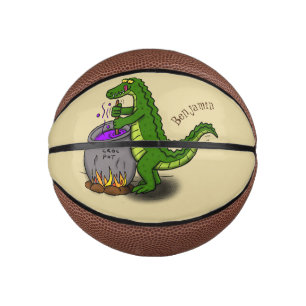 Funny green alligator kook cartoon basketbal