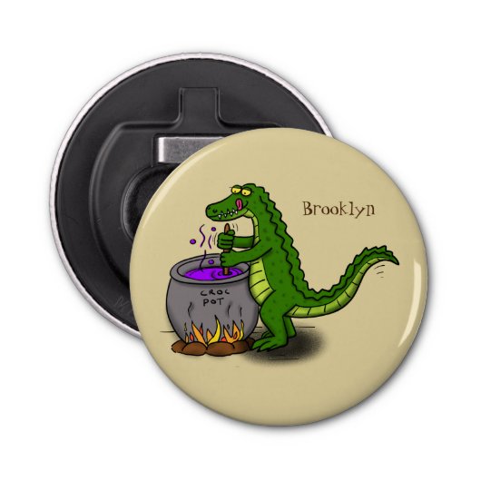 Funny green alligator kook cartoon button flesopener (Voorkant)