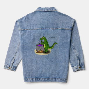 Funny green alligator kook cartoon denim jacket