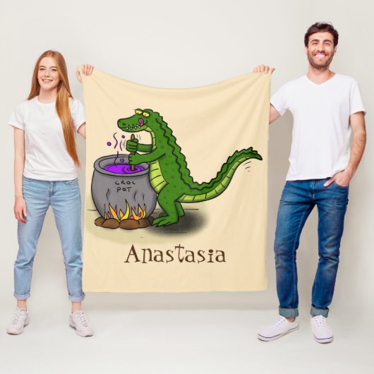 Funny green alligator kook cartoon fleece deken (In situ)