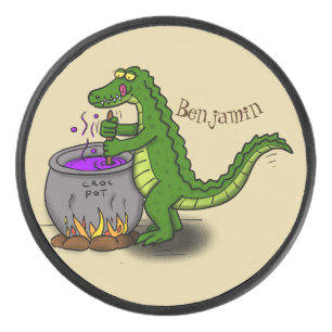 Funny green alligator kook cartoon hockey puck
