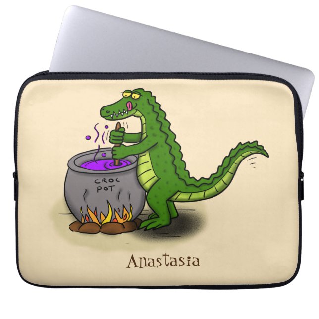 Funny green alligator kook cartoon laptop sleeve (Voorkant)