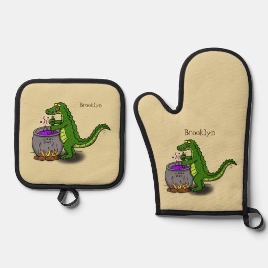 Funny green alligator kook cartoon ovenwant & pannenlap set (Voorkant)
