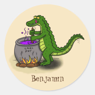 Funny green alligator kook cartoon ronde sticker