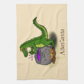 Funny green alligator kook cartoon theedoek (Verticaal)