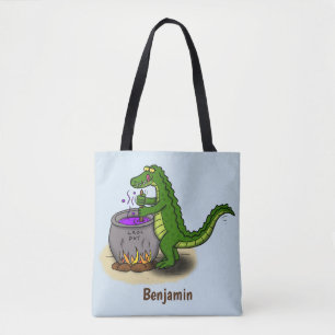 Funny green alligator kook cartoon tote bag