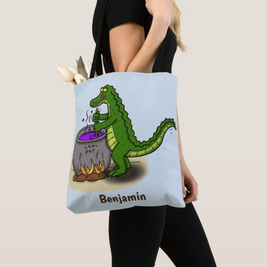 Funny green alligator kook cartoon tote bag (Dichtbij)
