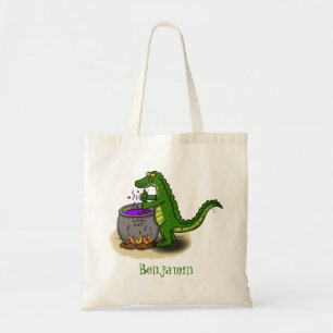 Funny green alligator kook cartoon tote bag