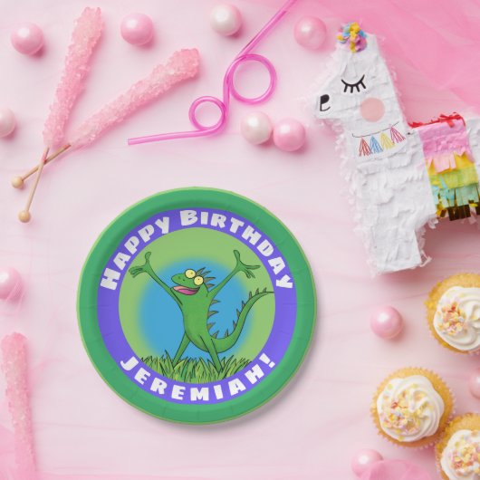 Funny green animated iguana lizard jarig papieren bordje (Feest)