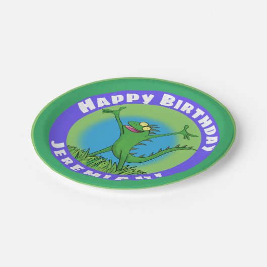 Funny green animated iguana lizard jarig papieren bordje (Gekanteld)