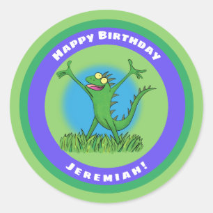 Funny green animated iguana lizard ronde sticker