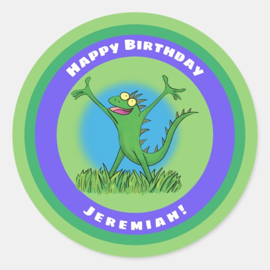 Funny green animated iguana lizard ronde sticker (Voorkant)