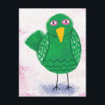 Funny Green Bird Briefkaart<br><div class="desc">Een grappige groene vogel in volkskunst,  kinderlijke stijl over een roze en witte gevlekte achtergrond.</div>