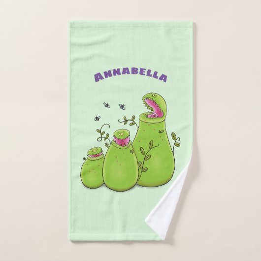 Funny green carnivorous pitcher planten cartoon bad handdoek (Handdoek)