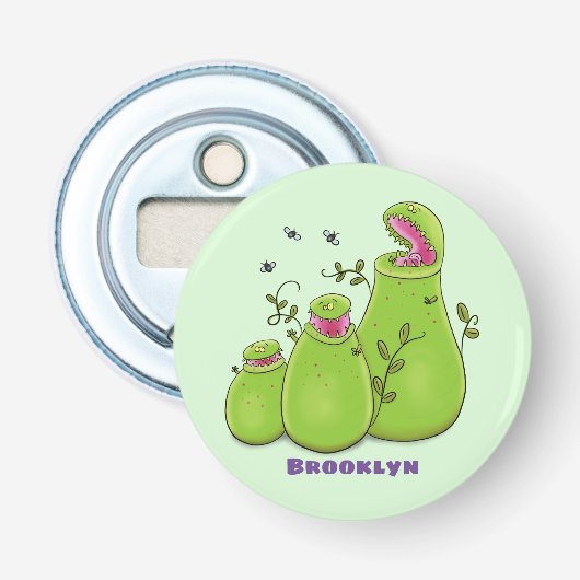 Funny green carnivorous pitcher planten cartoon button flesopener (Voorkant)