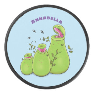 Funny green carnivorous pitcher planten cartoon hockey puck