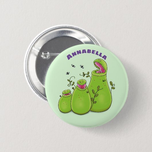Funny green carnivorous pitcher planten cartoon ronde button 5,7 cm (Voorkant /achterkant)