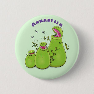 Funny green carnivorous pitcher planten cartoon ronde button 5,7 cm