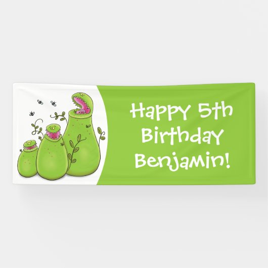 Funny green carnivorous pitcher planten cartoon spandoek (Horizontaal)