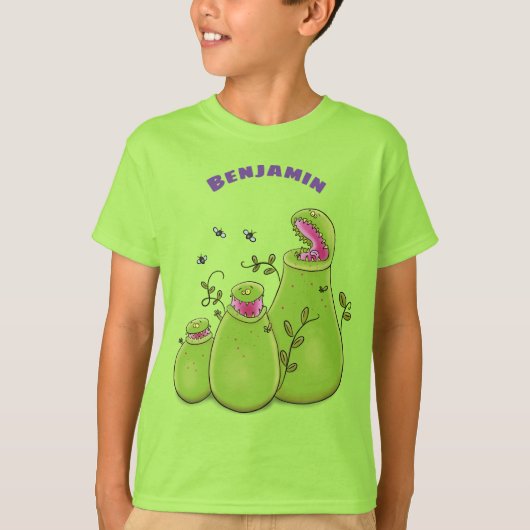Funny green carnivorous pitcher planten cartoon t-shirt (Voorkant)