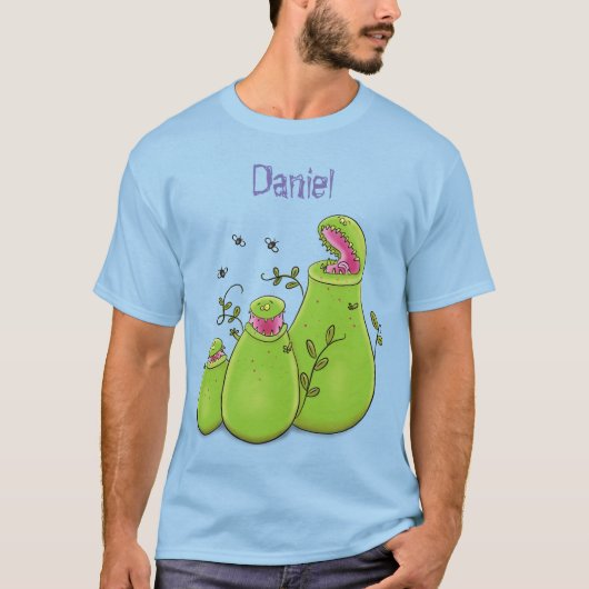 Funny green carnivorous pitcher planten cartoon t-shirt (Voorkant)