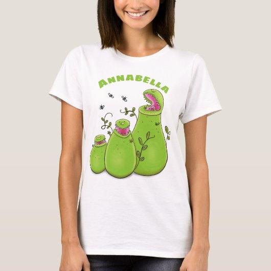 Funny green carnivorous pitcher planten cartoon t-shirt (Voorkant)