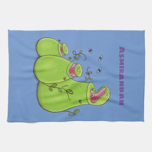 Funny green carnivorous pitcher planten cartoon theedoek (Horizontaal)