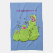 Funny green carnivorous pitcher planten cartoon theedoek (Verticaal)