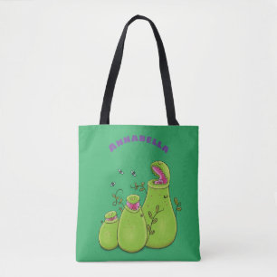 Funny green carnivorous pitcher planten cartoon tote bag