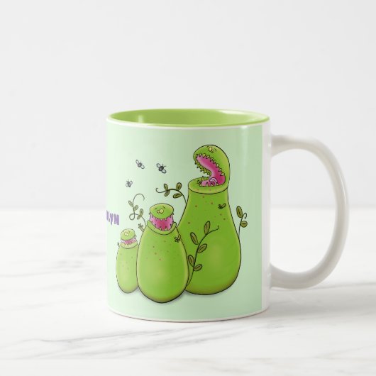 Funny green carnivorous pitcher planten cartoon tweekleurige koffiemok (Rechts)