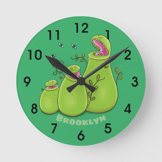 Funny green carnivorous pitcher plants cartoon rou ronde klok (Voorkant)