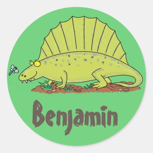 Funny green dimetrodon cartoon dinosaur ronde sticker (Voorkant)