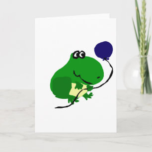 Funny Green Frog Holding Blue Birthday ballon Kaart